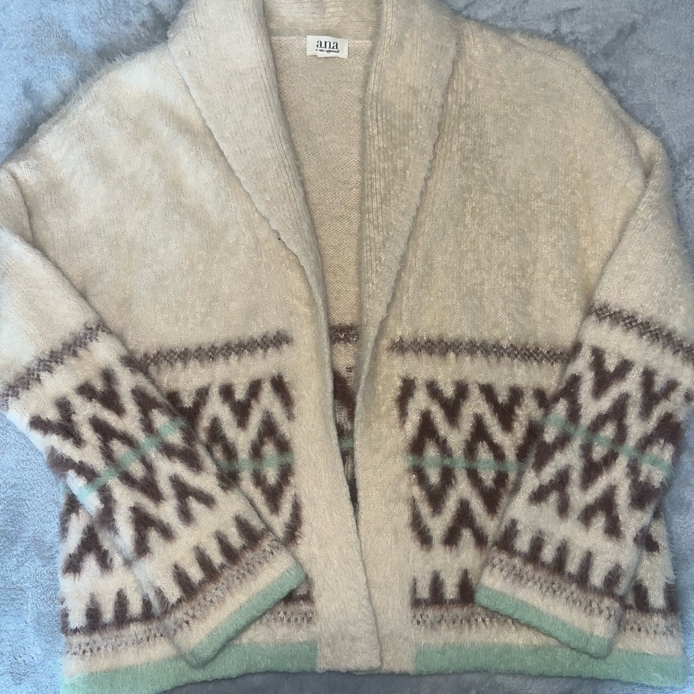 a.n.a Women's Cream Cardigan with Brown and Green Accents